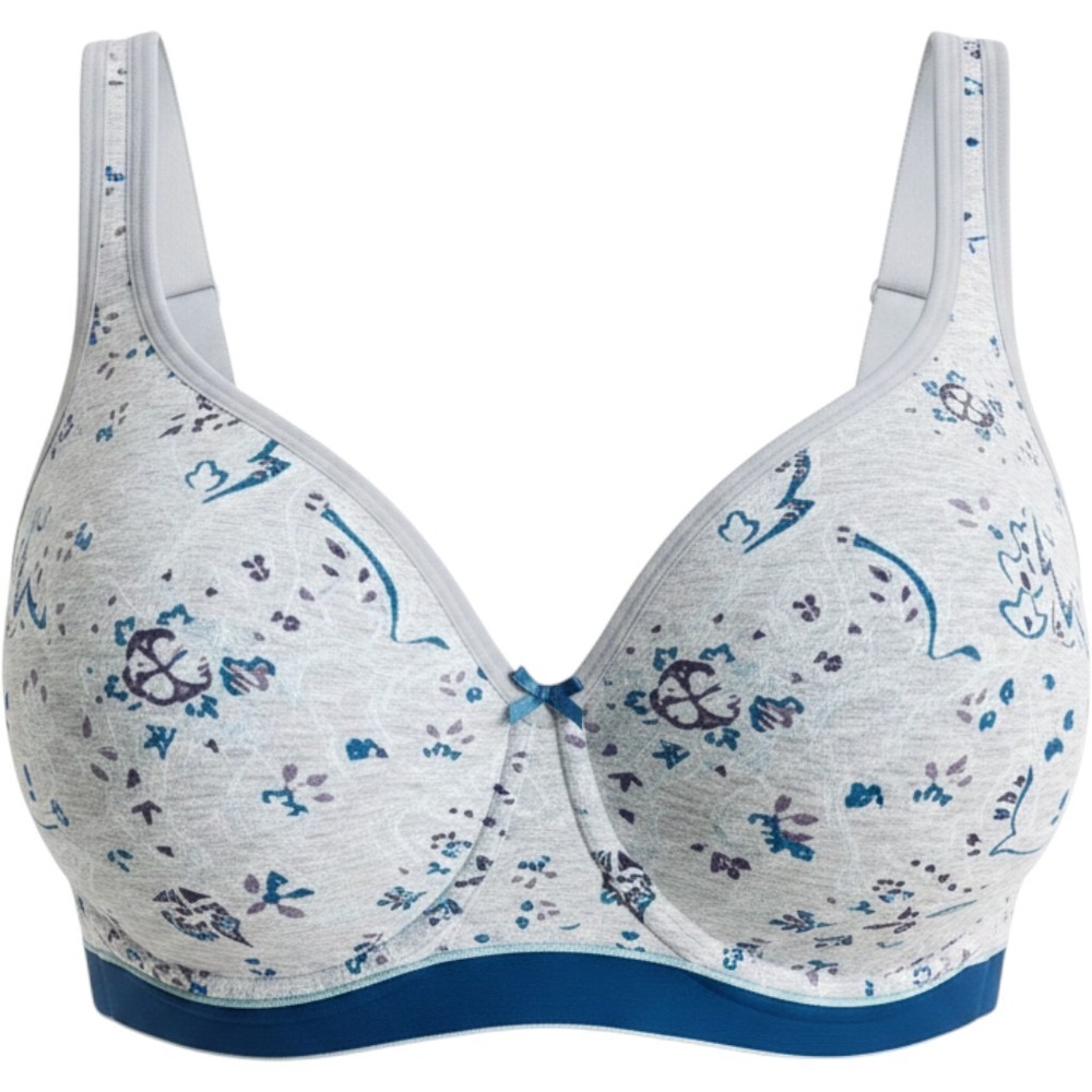 Cacique 44DD Unlined Full Coverage Wireless Bra Grey Blue Floral Paisley